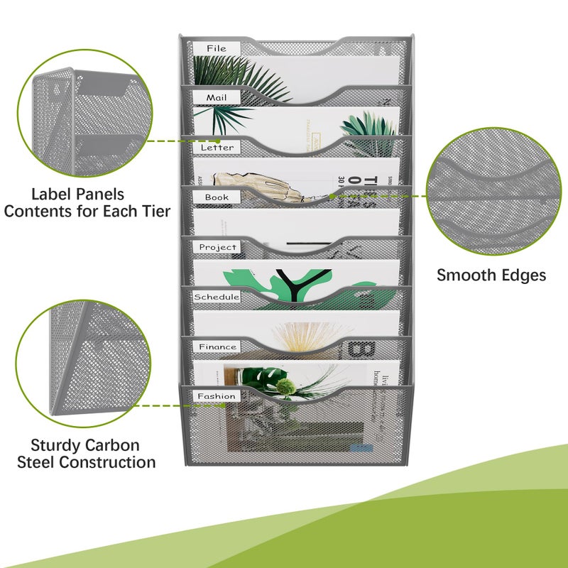EasyPAG 8 Pocket Mesh Wall File Organizer, Hanging Paper Folder Holder with Classify Label, Vertical Wall Mount Mail Organizer for Office Home Classroom, Silver - Image 3